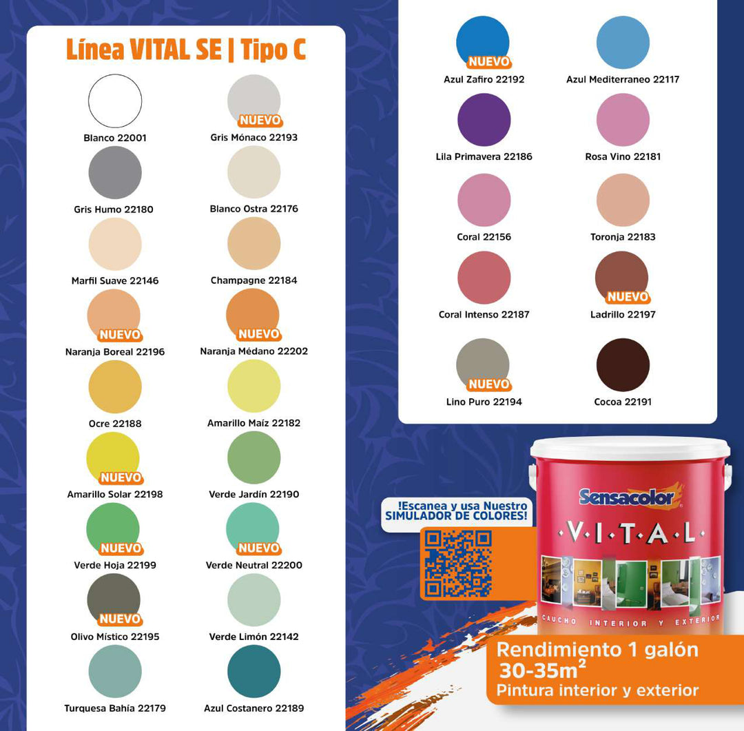 Pintura de Caucho Sensacolor Vital Clase C (Interior) – 1 Galón (3.785 L)