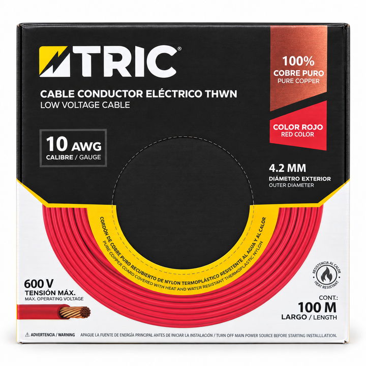 Cable Conductor Eléctrico THWN 10 AWG 100% Cobre TRIC Rojo (100 m)