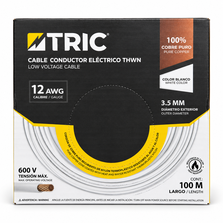 Cable Conductor Eléctrico THWN 12 AWG 100% Cobre TRIC Blanco (100 m)