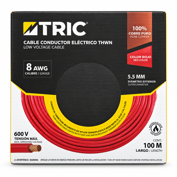 Cable Conductor Eléctrico THWN 8 AWG 100% Cobre TRIC Rojo (100 m)