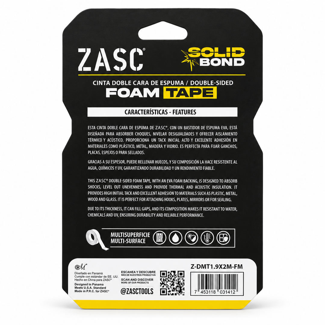 Cinta Doble Cara de Espuma ZASC Solid Bond 1.9 cm x 2 m (Interior y Exterior)