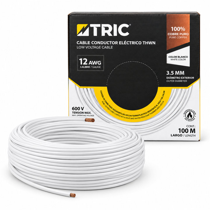 Cable Conductor Eléctrico THWN 12 AWG 100% Cobre TRIC Blanco (100 m)