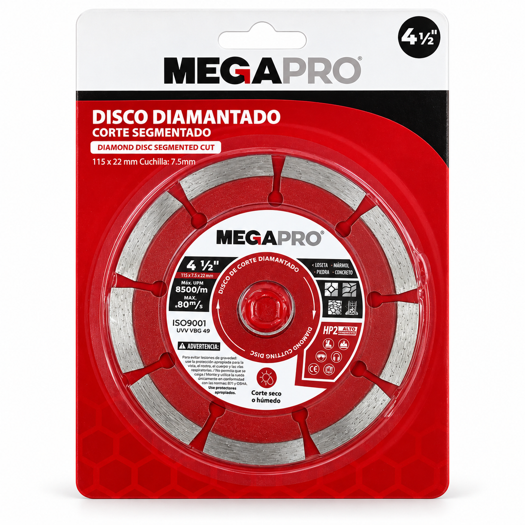 Disco Diamantado Segmentado Megapro 4-1/2" para Concreto, Piedra y Ladrillo (MP-DDC4121389)