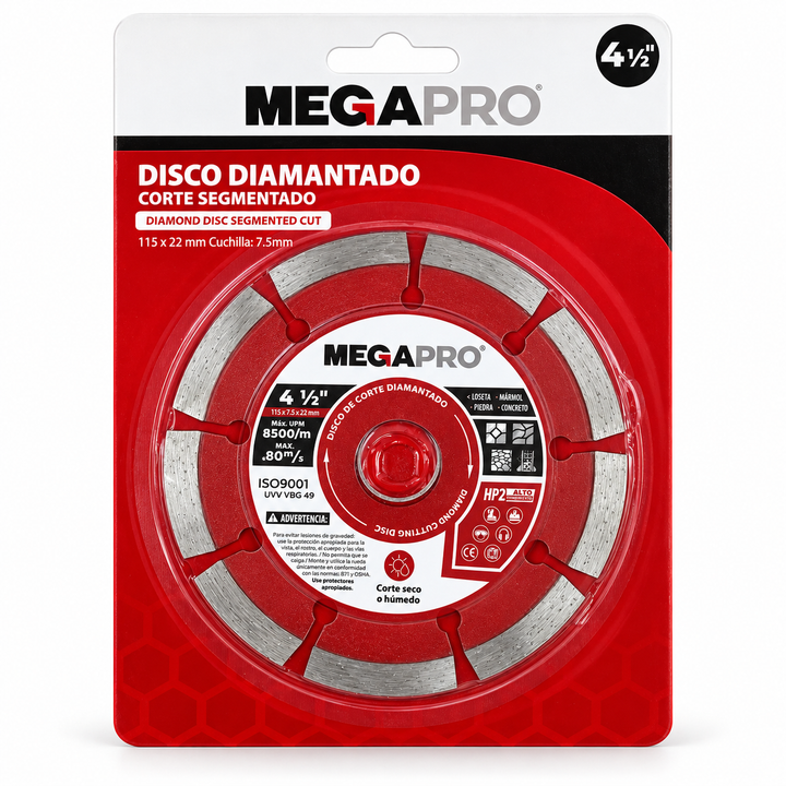 Disco Diamantado Segmentado Megapro 4-1/2" para Concreto, Piedra y Ladrillo (MP-DDC4121389)