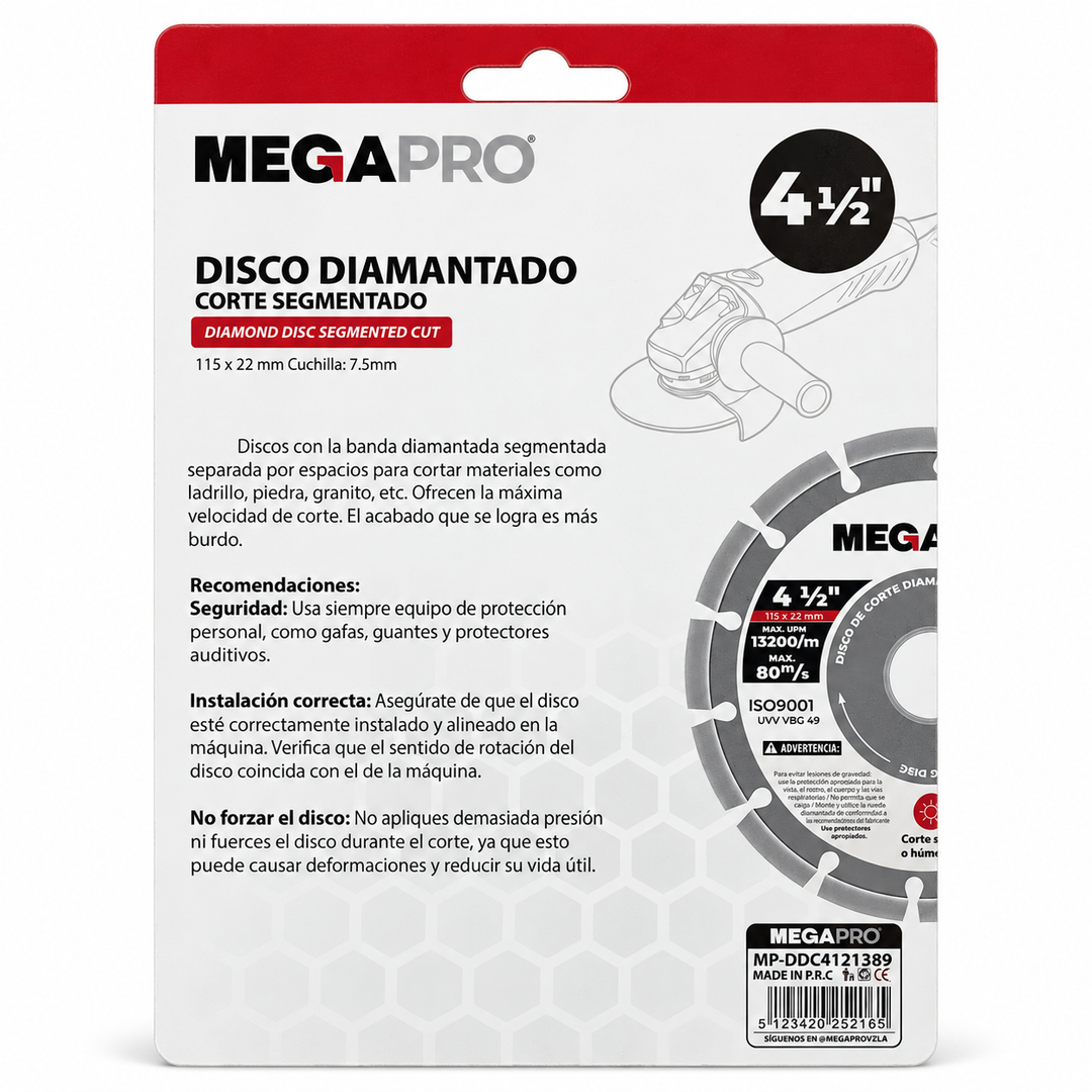 Disco Diamantado Segmentado Megapro 4-1/2" para Concreto, Piedra y Ladrillo (MP-DDC4121389)