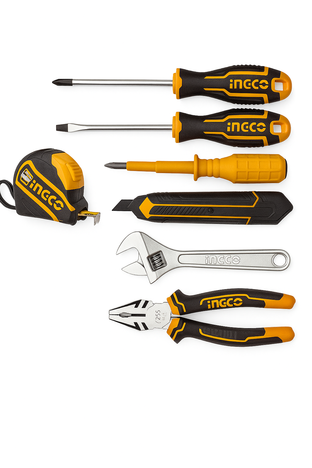 JUEGO DE HERRAMIENTAS INGCO, CINTA METRICA, DESTORNILLADOR, LLAVE AJUSTABLE, ALICATE-FERREUNICA