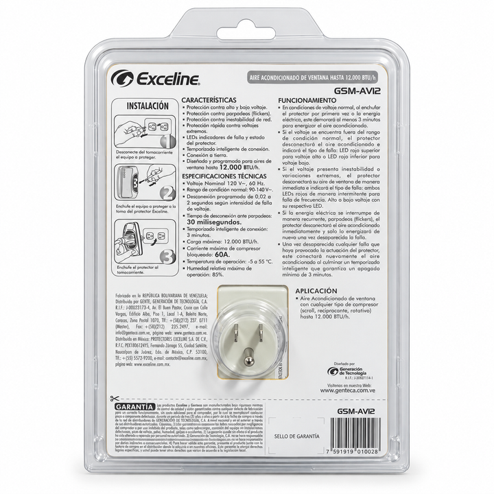 Protector de Voltaje Exceline GSM-AVI2 120V para Aire de Ventana (Hasta 12.000 BTU/h)