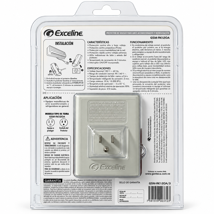 Protector de Voltaje Exceline GSM-RE120A 120V para Aires Acondicionados y Refrigeración (Hasta 18.000 BTU / 20 A)