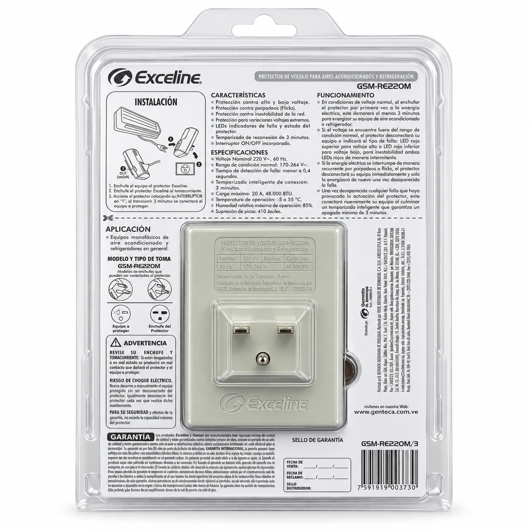 Protector de Voltaje Exceline GSM-RE220M 220V para Aires Acondicionados y Refrigeración (Hasta 48.000 BTU / 20 A)