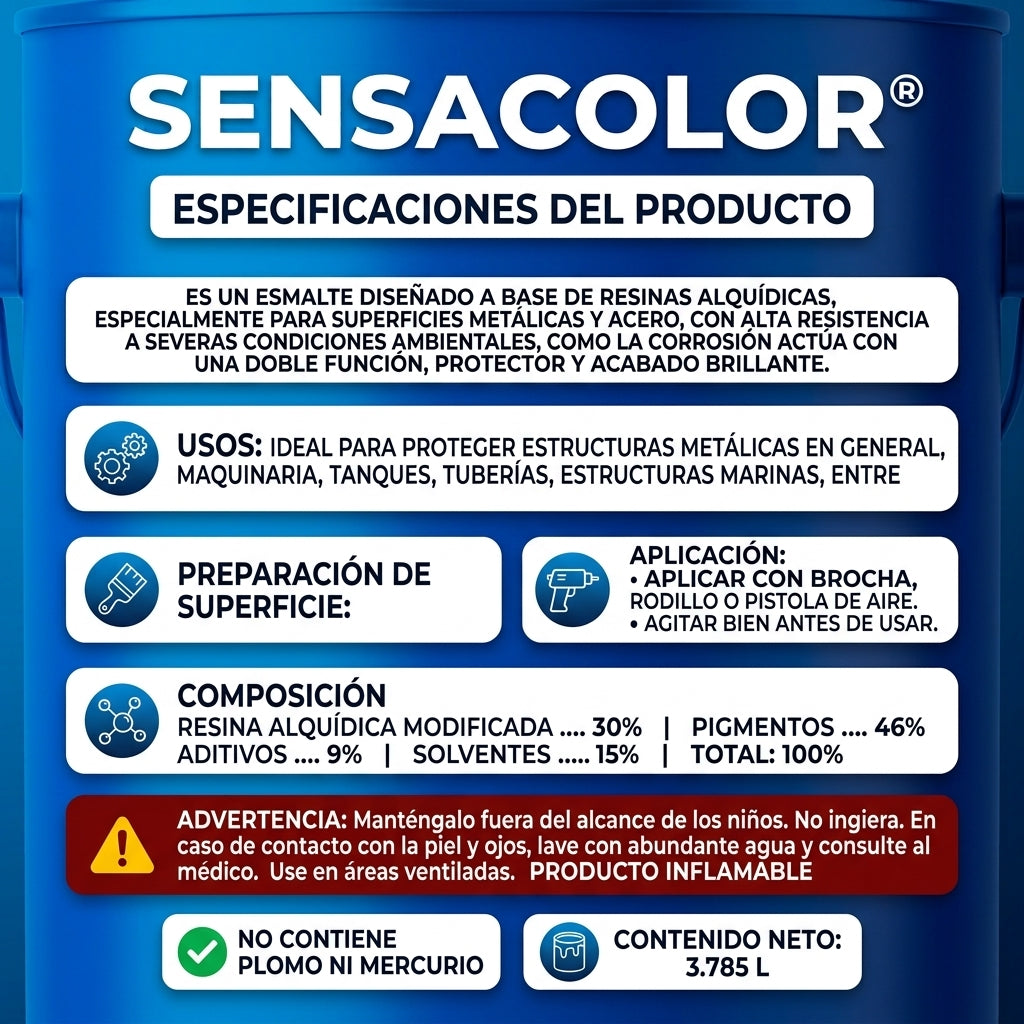 Esmalte 2 en 1 Sensacolor Anticorrosivo y Brillante – 1 Galón (3,785 L)