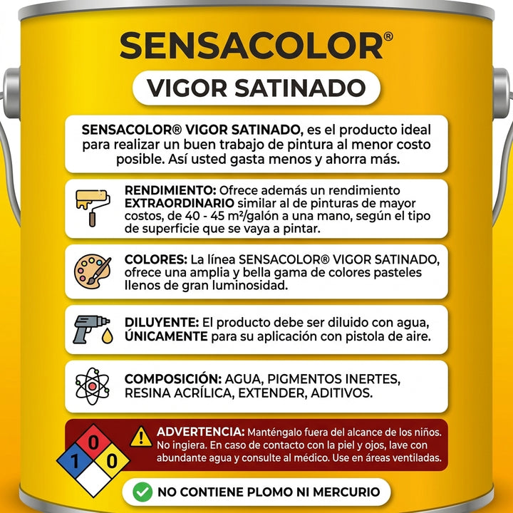 Pintura de Caucho Satinada Sensacolor Vigor (Interior / Exterior) – 1 Galón (3,785 L)