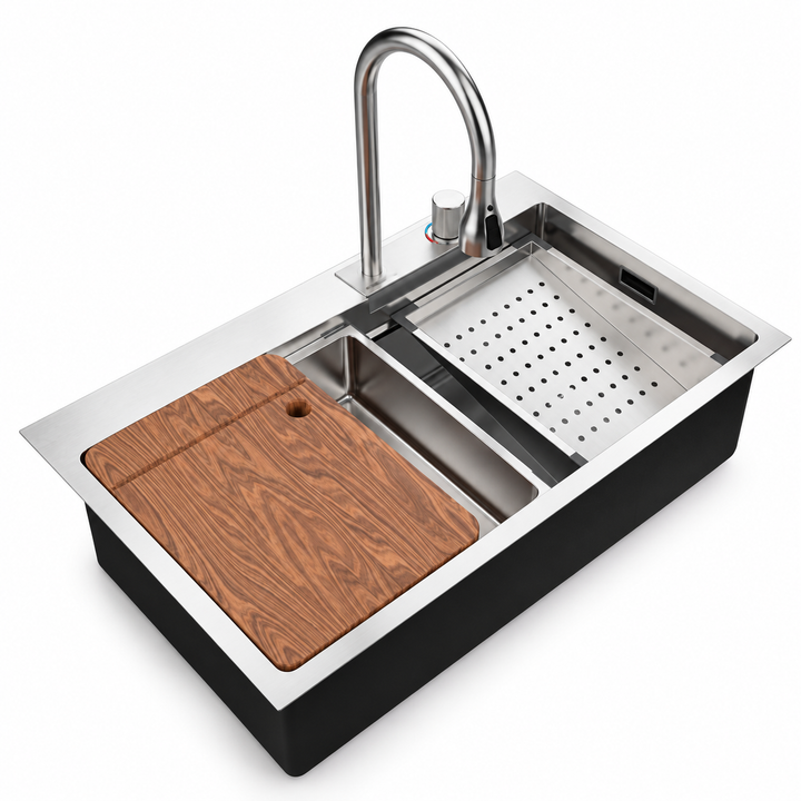Set de Fregadero Todo en Uno Aquafina® 68x45 cm Acabado Satín con Grifo Extraíble y Accesorios