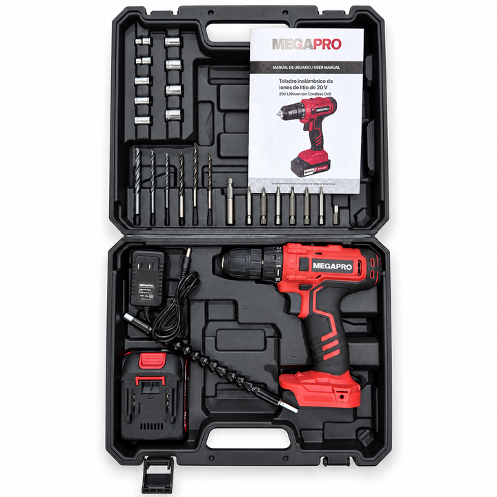 Kit Taladro Inalámbrico Megapro 20V con Batería de Litio y Maletín de 25 Piezas