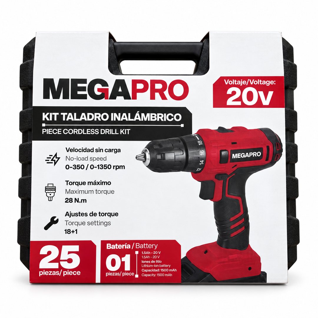 Kit Taladro Inalámbrico Megapro 20V con Batería de Litio y Maletín de 25 Piezas