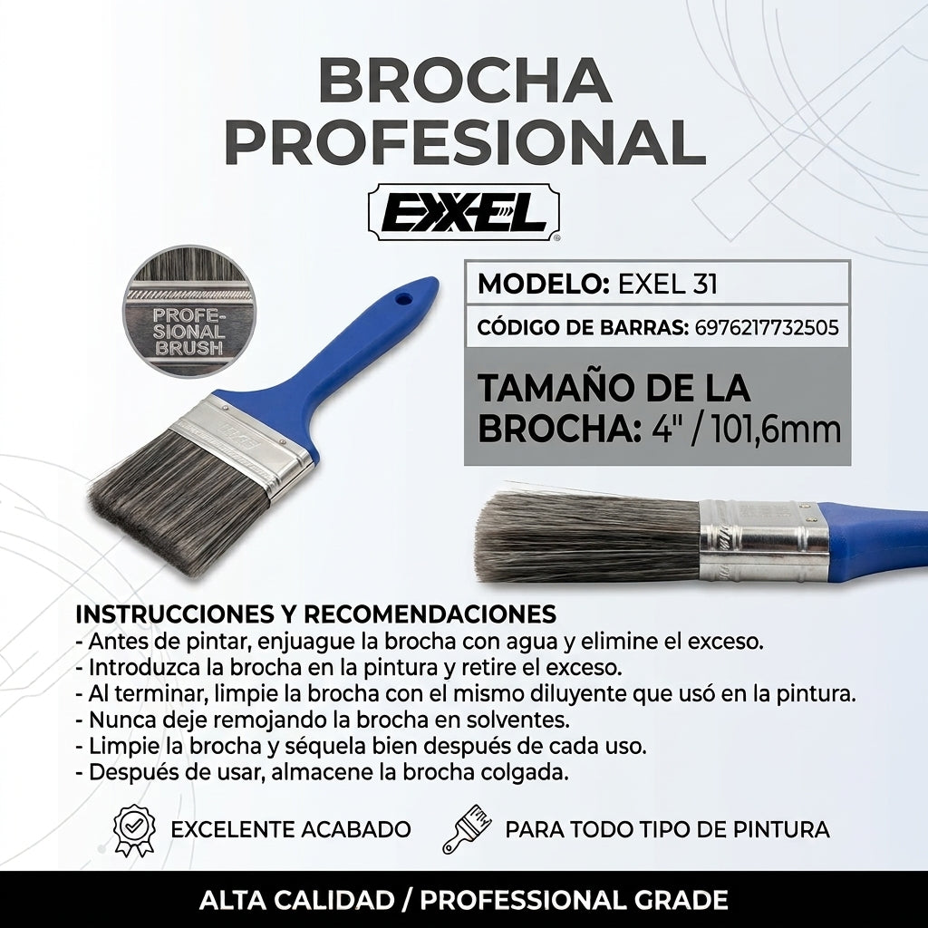Brocha Profesional EXXEL 4" (101.6 mm) Mango Plástico Azul